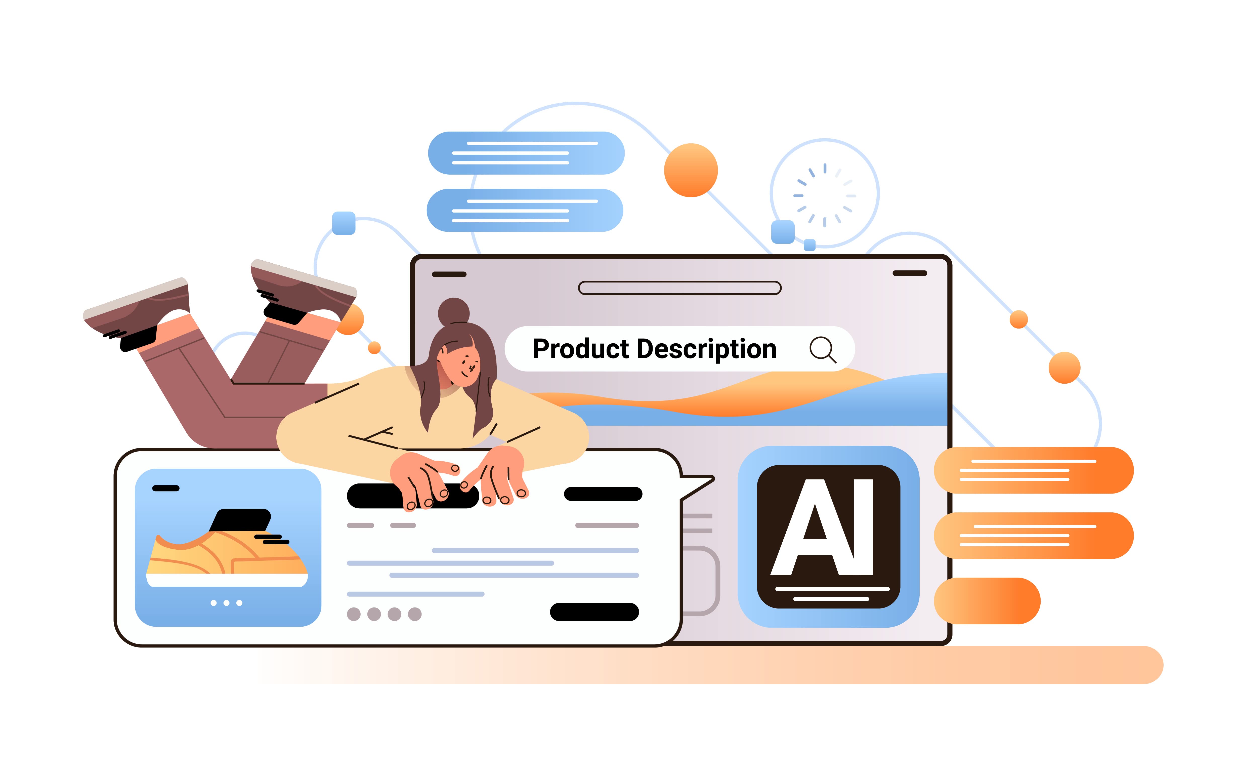 Image shows a woman lying on top of a screen with the words product description written on it- Best AI product description generators